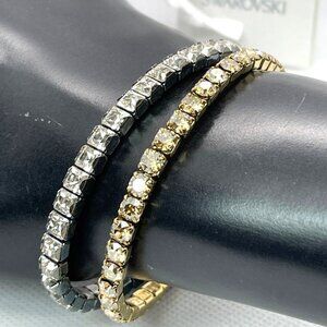 Swarovski Crystal Stretch Bracelets Pair Rhodium & Gold Plated In Gift Bags NWT